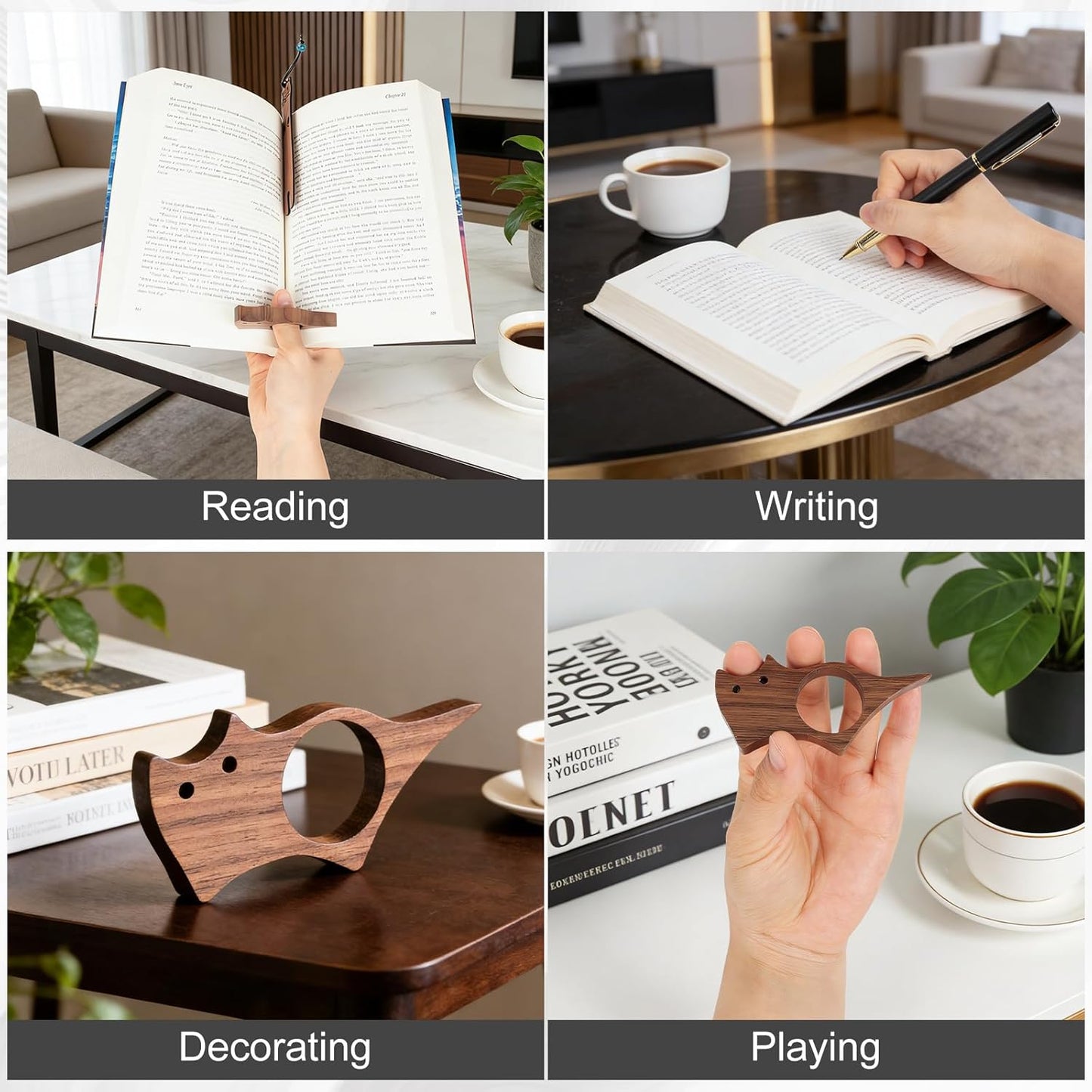3 Pack Wooden Cat Book Page Holder Set for Book Lovers, Portable Thumb Bookmark Reading Accessories with Pen, Cute Bookworm Gift for Women for Home and Office