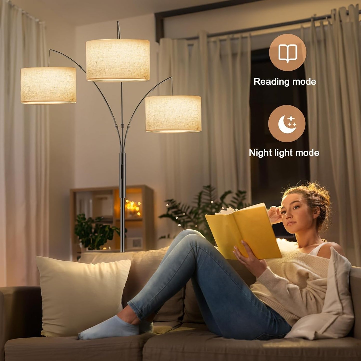 36W Corner Floor Lamp Dimmable - 3 Lights Arc Floor Lamps Standing Lamp with Remote & Touch Control, Tall Lamp for Living Room Corner, Bedroom, Office
