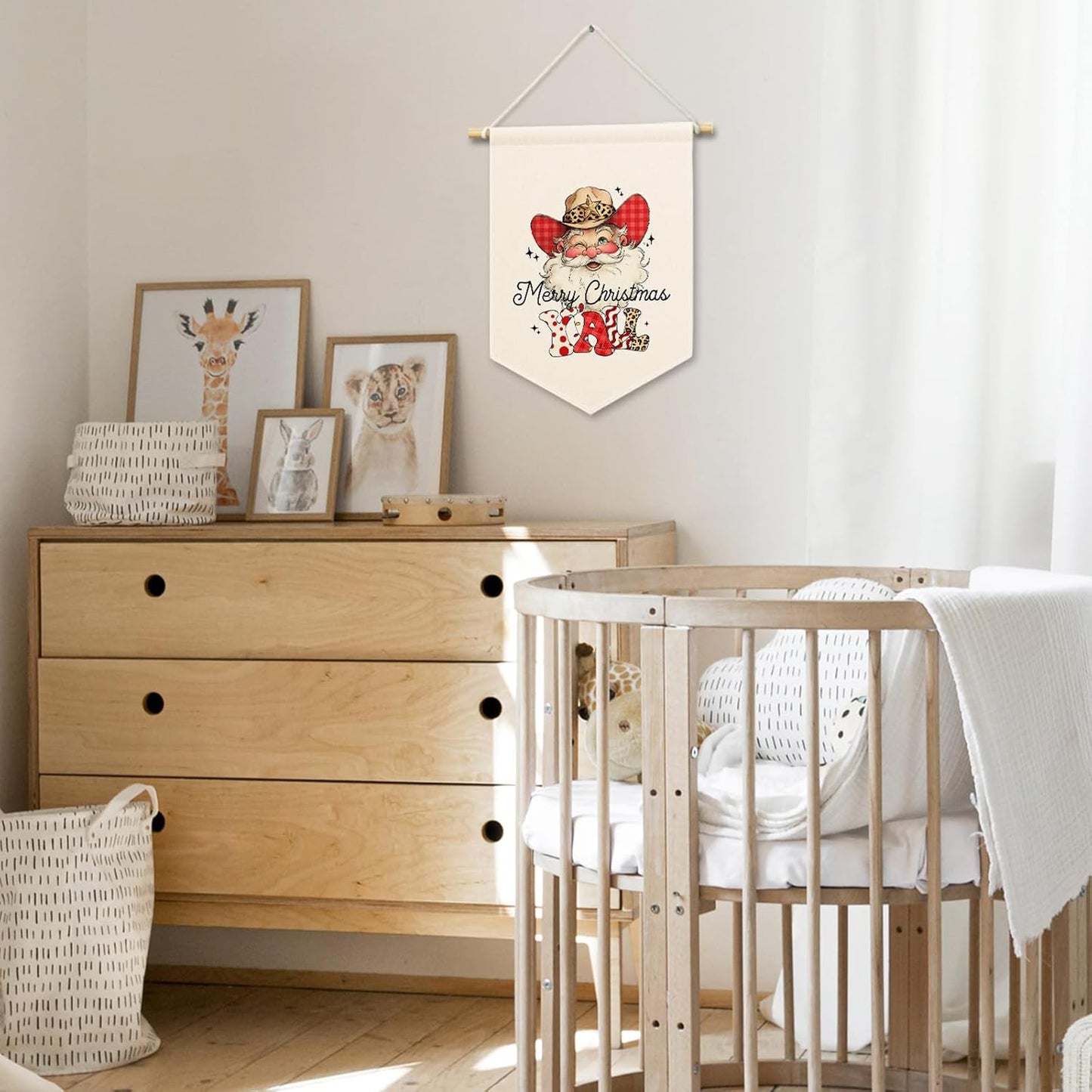 Merry Christmas Y'all Santa Kids Room Decor, Western Cowboys Cowgirls Banner Canvas, Rustic Winter Wall Hanging Frame Decor Art Pennant Flag for Toddler Room Playroom 11x15in
