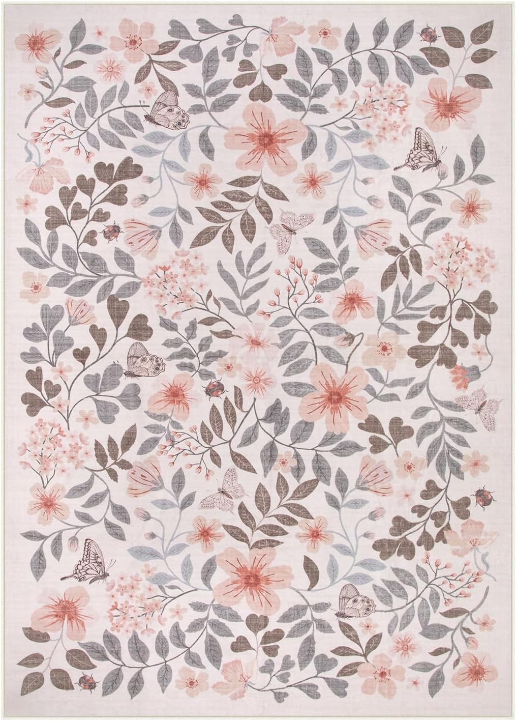 Lahome Reverie Apricot Girls Nursery Decor Rug 5x7, Fall Floral Boho Bedroom Carpet, Washable Soft Low Pile Area Rugs for Kids Room, Dorm Room Essentials, Reading Nook