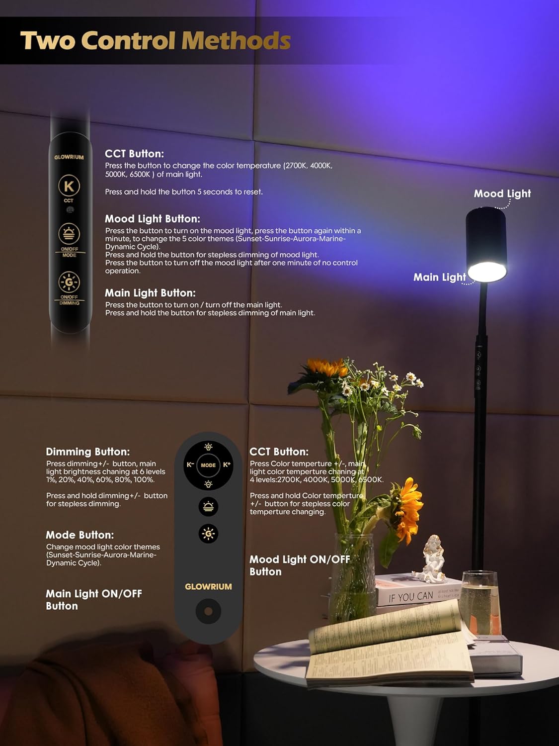 Reading Floor Lamp with Remote, 17W LED Dimmable Standing Lamp, Stepless Brightness & Color Temps, Reading Light & Mood Light, Adjustable Height Gooseneck, Corner Lamp Task lamp for Living Room Office