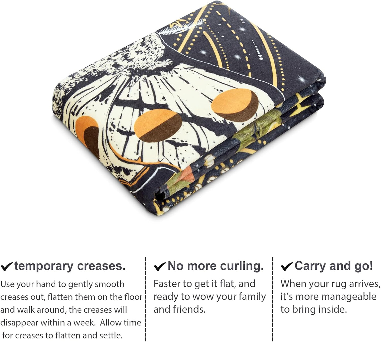 Washable Mystical Luna Moth Rugs Ultra Thin, Boho Moody Black Floral Aesthetic Bedroom Rugs Vintage Hippie Celestial Trendy Indie Dorm Rug, Retro Cute 4x6 Area Rug for Dining Living Room Entryway