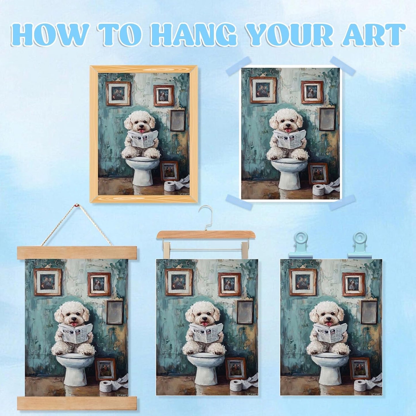 Bichon Frise Dog Sitting on The Toilet and Reading A Newspaper Posters Art Living Room Canvas Wall Pictures Giclee Prints for Bedroom 12x16inch Frameless
