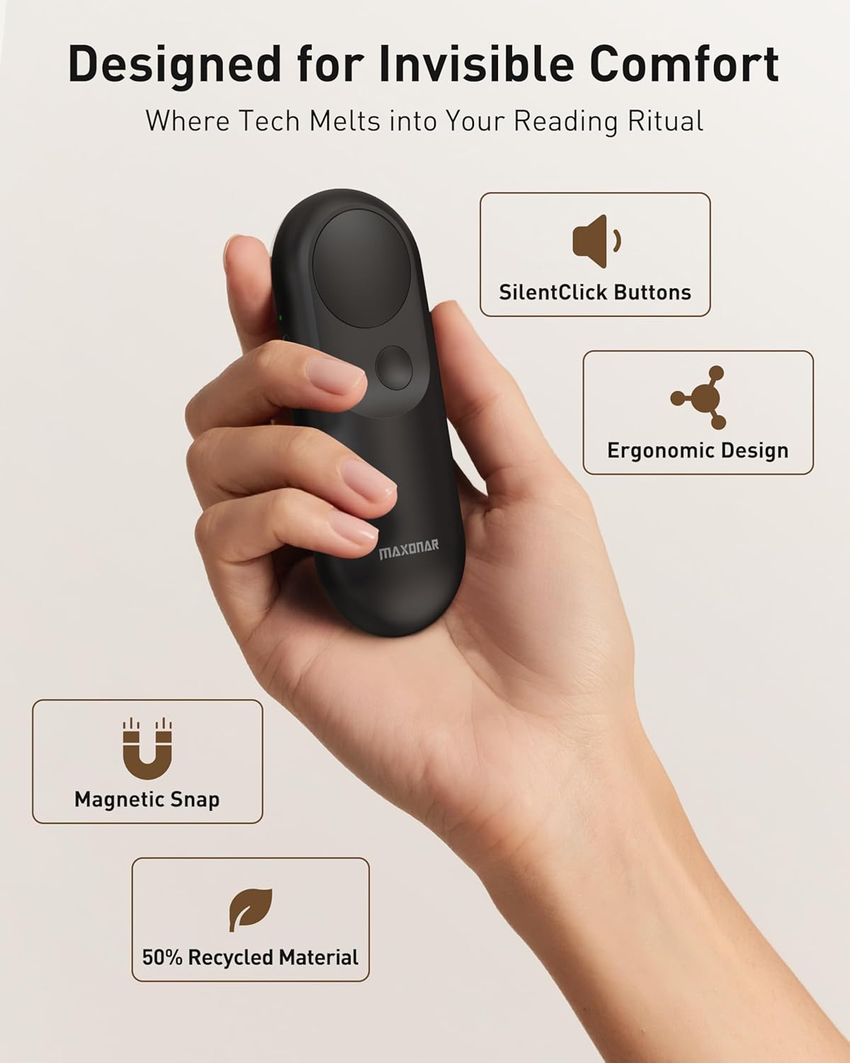 Maxonar Magsnap Remote Page Turner for Kindle Paperwhite/Oasis & Kobo, Never Lose Parts, 100-Hour Battery, RF Connection, 2-in-1 Page Clicker Works with Tablet/iPad, Ideal Gift for Book Lovers (Black)