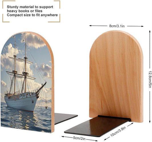 Vintage Nautical White Ship Bookends 1 Pair Heavy Duty Book Ends for Shelves Non-Skid Bookend Supports Wooden Book Holders with Metal Base Desk Organizers Books Storage to Hold Books