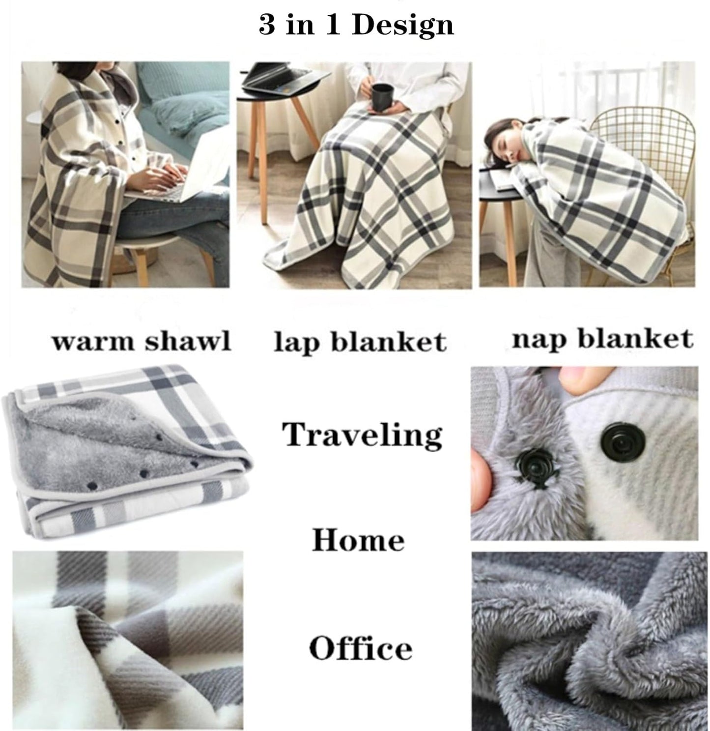 Fleece Wearable Blanket,Comfy Warm Wrap Shawl Poncho Throw with Buttons,Office Chair Lap Sofa Bed Travel Cape Cover