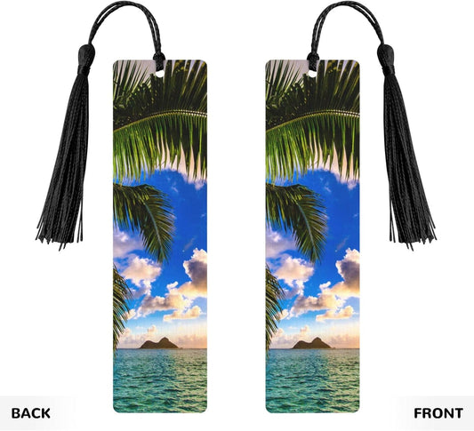 Beautiful Sunrise Ocean Bookmarks Gifts for Women Men, Wooden Bookmarks for Book Lovers, Vintage Book Marks Ornaments with Tassel, Unique Personalized Reading Page Markers Black