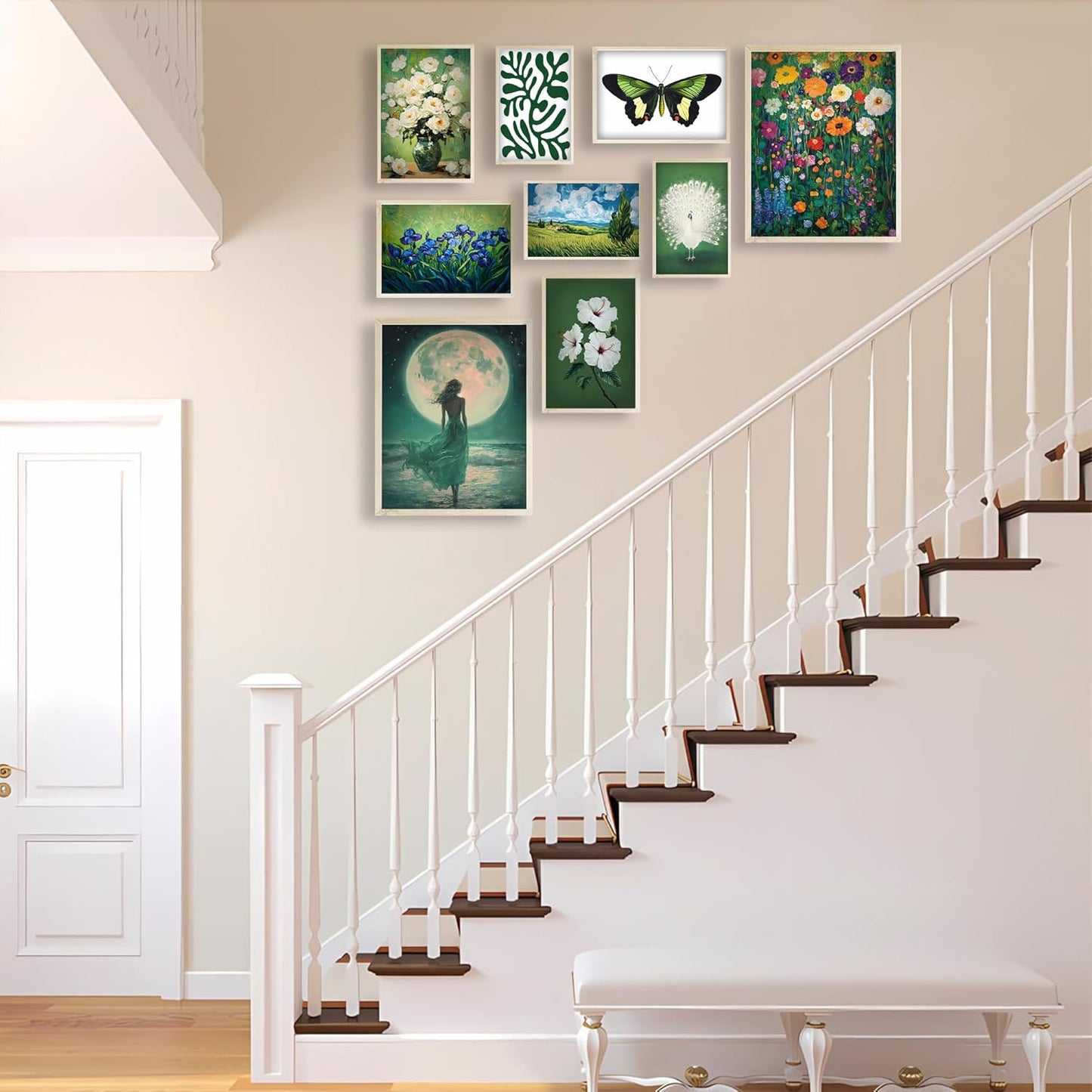 Eastern Print Eclectic Green Wall Art, Set Of 9 Pcs Unframed Posters, Vintage Room Decor Coquette, Green Painting Home Decor, Vintage Eclectic Wall Art Prints For Bedroom, Living Room, UNFRAMED