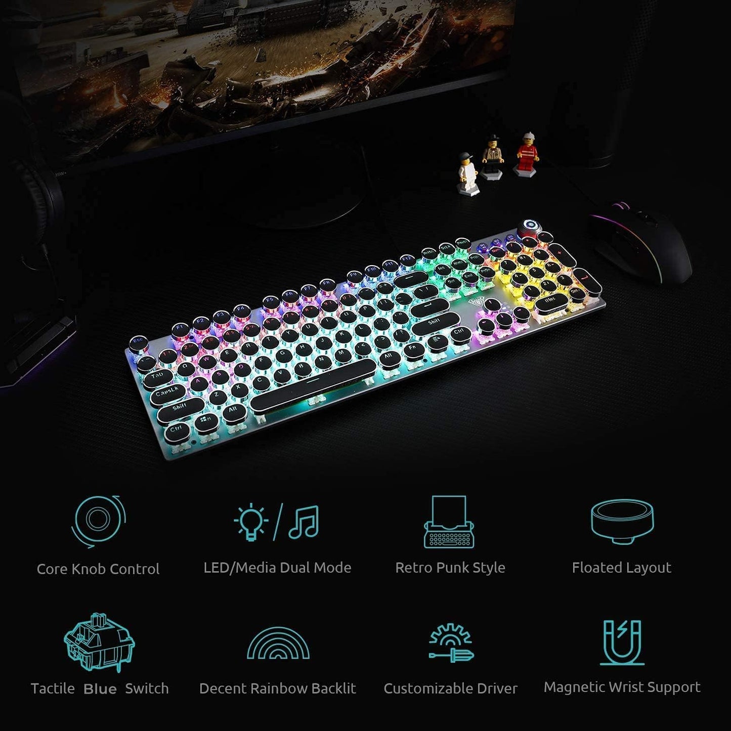 AULA F2088 Typewriter Style Mechanical Gaming Keyboard Wired,Blue Switches,Rainbow LED Backlit,Removable Wrist Rest,Media Control Knob,Retro Punk Round Keycaps,USB Wired Computer Keyboard