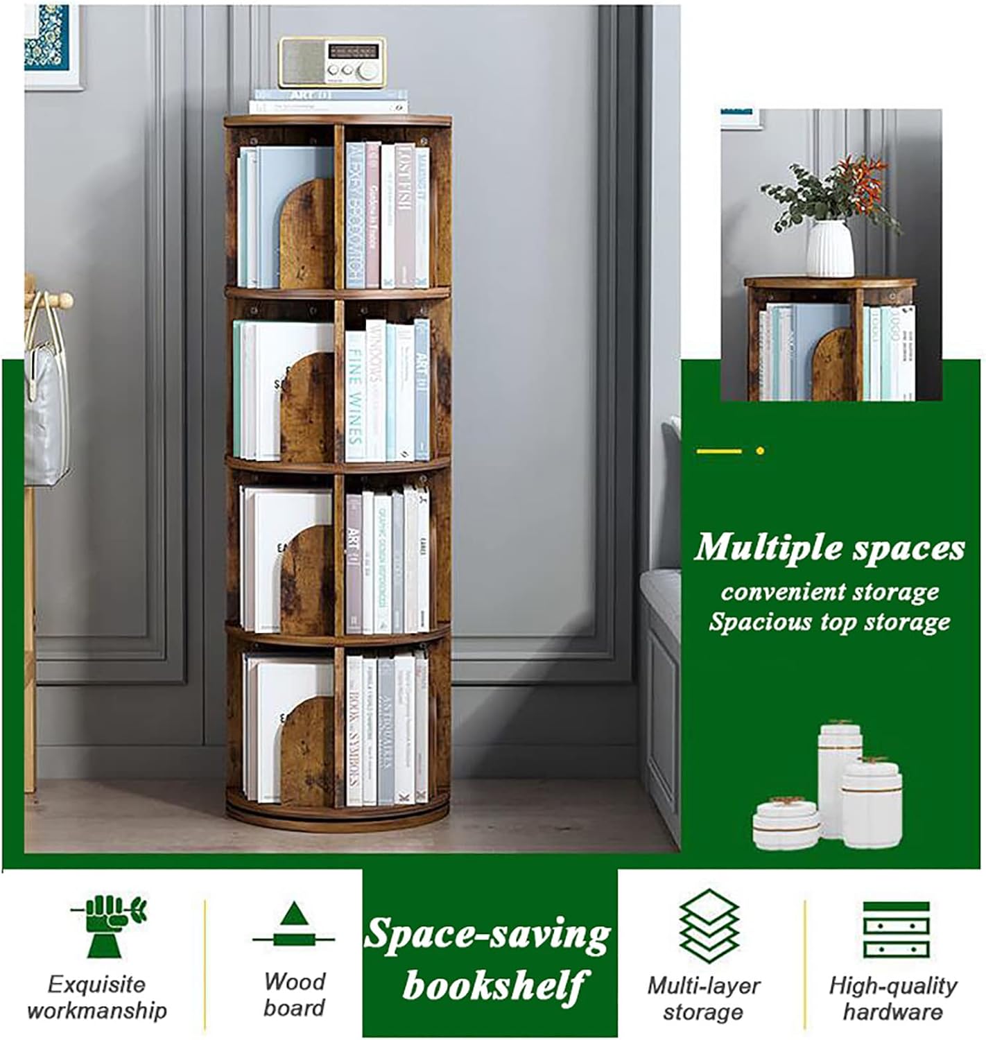Wooden Rotating Bookshelf,Tall Floor Standing Bookcase,Multi-Functional Storage Display Rack Modern Open Shelves for Home Office Living Room Study (White 4 Tier 39x39x128.5cm)