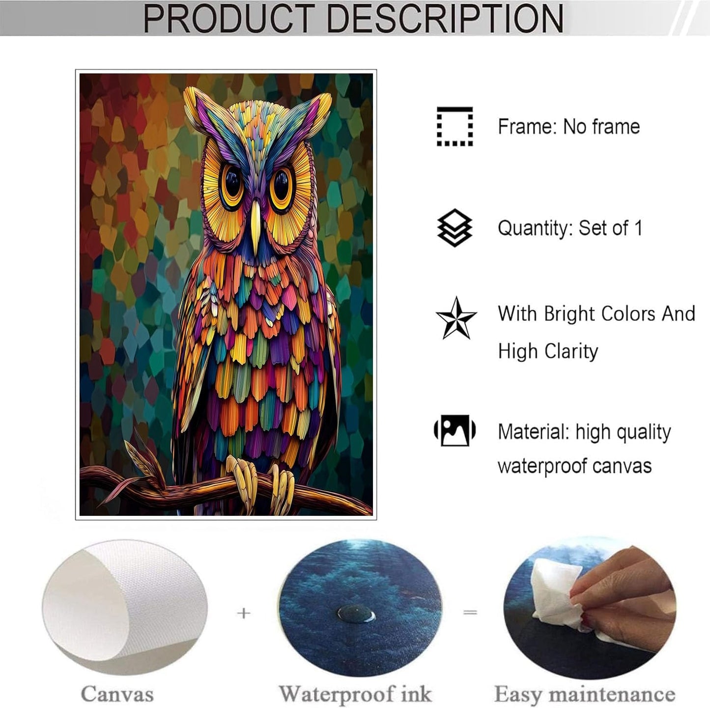 GDJSMIN Mosaic Style Wall Art, Cute Owl Pattern Poster for Reading Room Living Room Decor 16x 24 inch Unframed