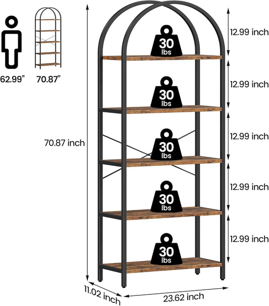 CABIHOME Bookshelf Tall Bookcase Arched Standing Bookshelves Modern Display Racks 5 Tier Storage Rack Shelf Large Wood Book Shelf for Bedroom, Living Room, Home Office