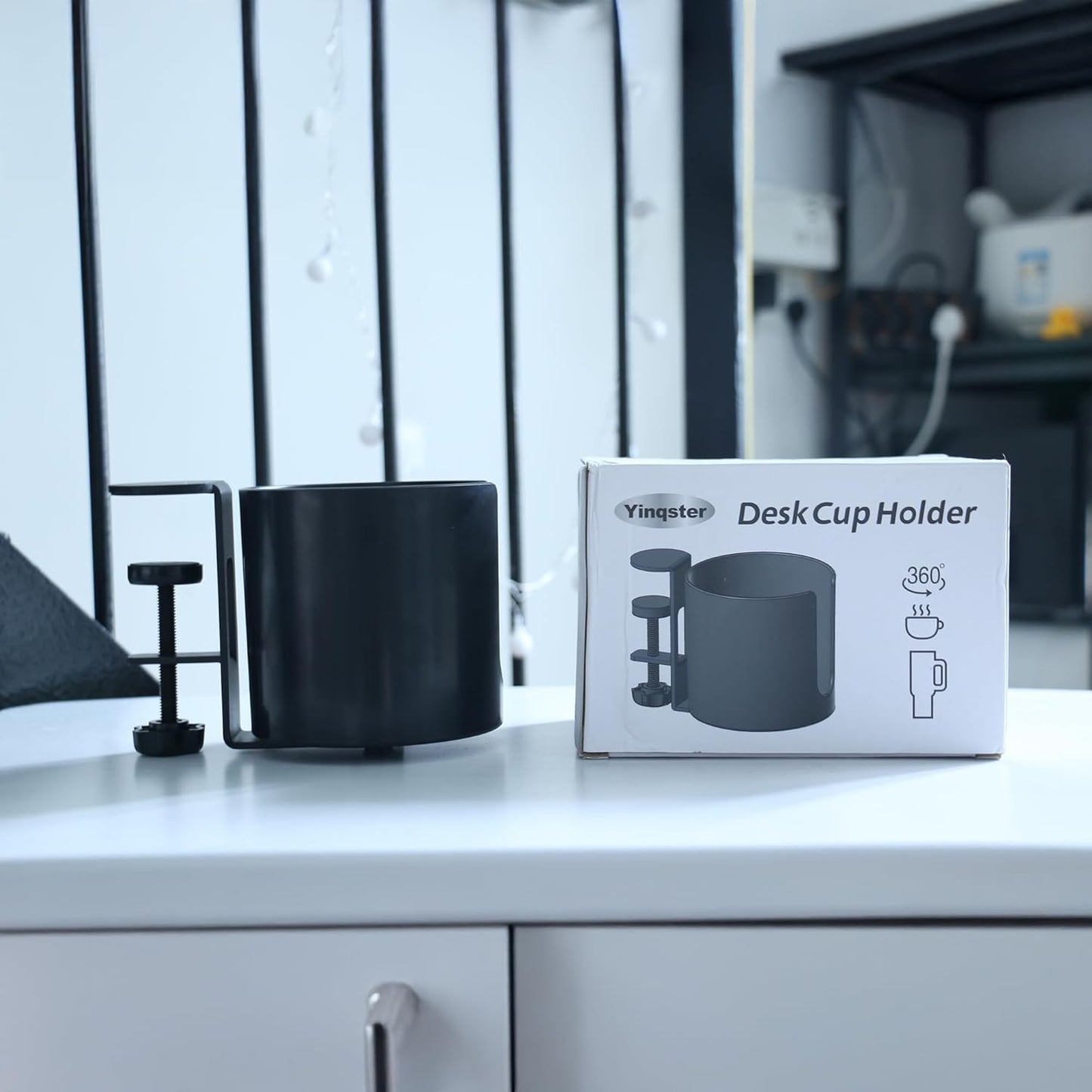 Yinqster 360° Deep Desk Cup Holder with Extra Wide Clamp, Anti-Spill Clip on Cup Holder for Desk, Rotating Table Mug Holder for Office & Gaming Accessories to Hold Stanley YETI Bottles, Bottle Racks