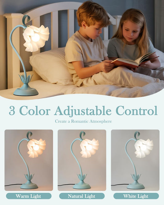 Flower Table Lamp, LED Reading Light Vintage Bedside Table Lamp with 3 Color Modes for Nightstand, Kawaii Decoration for Home Bedroom Living Room (Blue)
