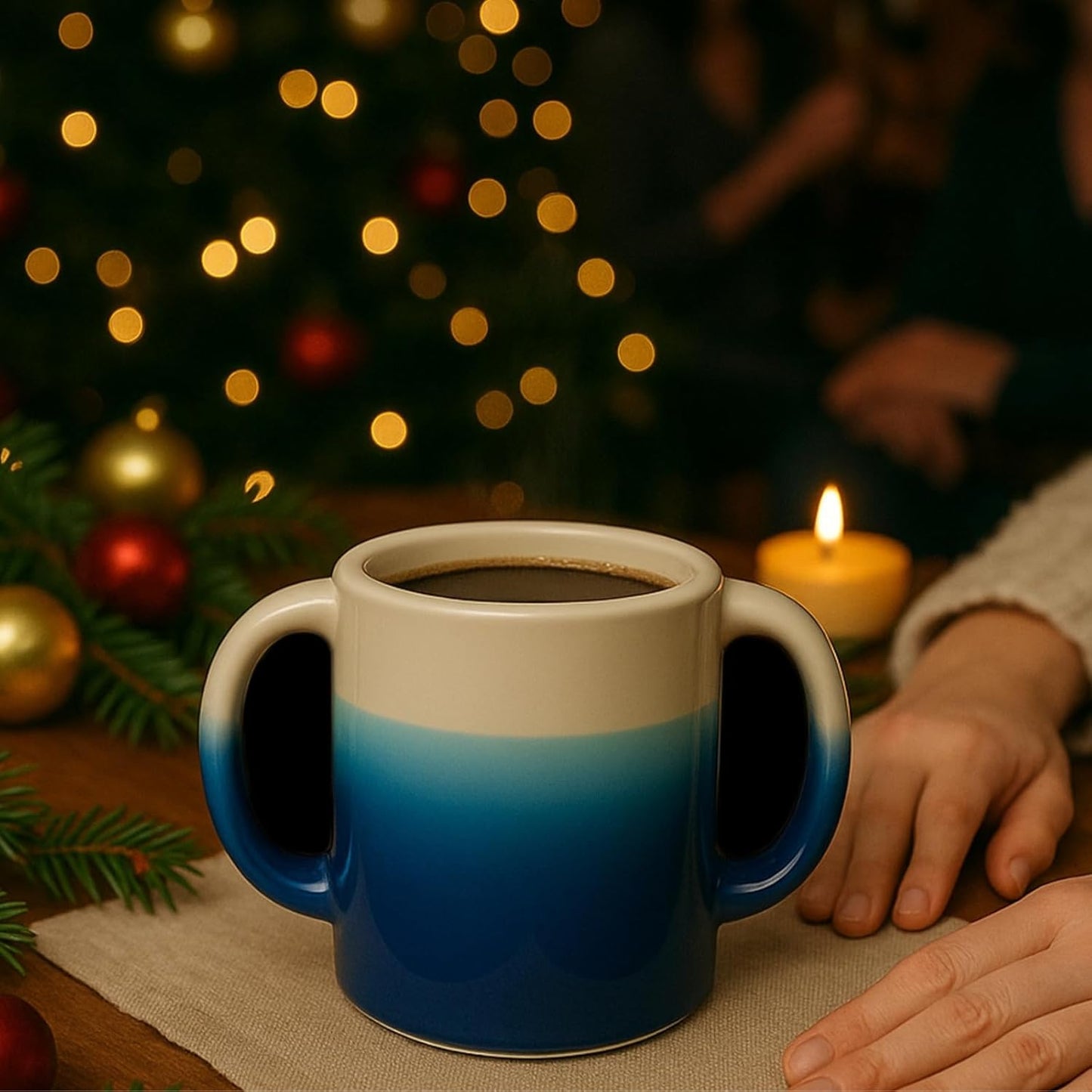 Double Hand Warmer Mug , Handmade Pottery - HandWarmer Contoured Pockets Both Hands will Hold Warmth From The Heat Of Your Drink To Keep Your Fingers Warm, Comfy Blue - Winter Stocking Stuffer Gift