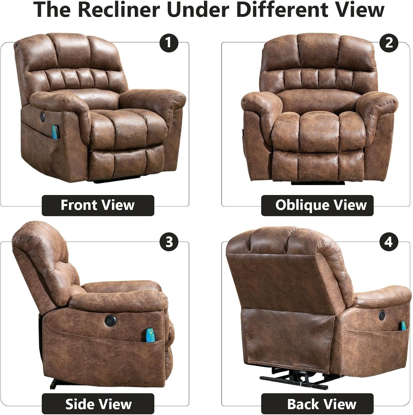 Faux Leather Electric Lifting Recliners Brown Overstuffed Wide Reclining Sofa with Side Pockets USB Port for Elderly Power Lift Recliner Chair for Living Room with Massage and Heat