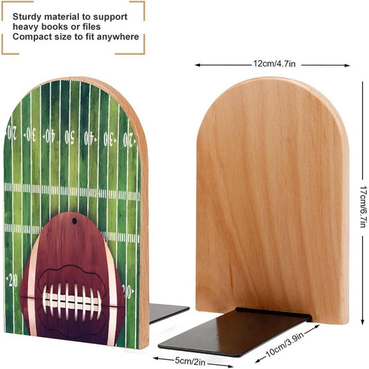American Football Field and Ball Wooden Bookend Non-Slip Book Ends Heavy Duty Book Stopper with Metal Base Books Holderd Decorative Bookends Stands Firmly for Office Supplies