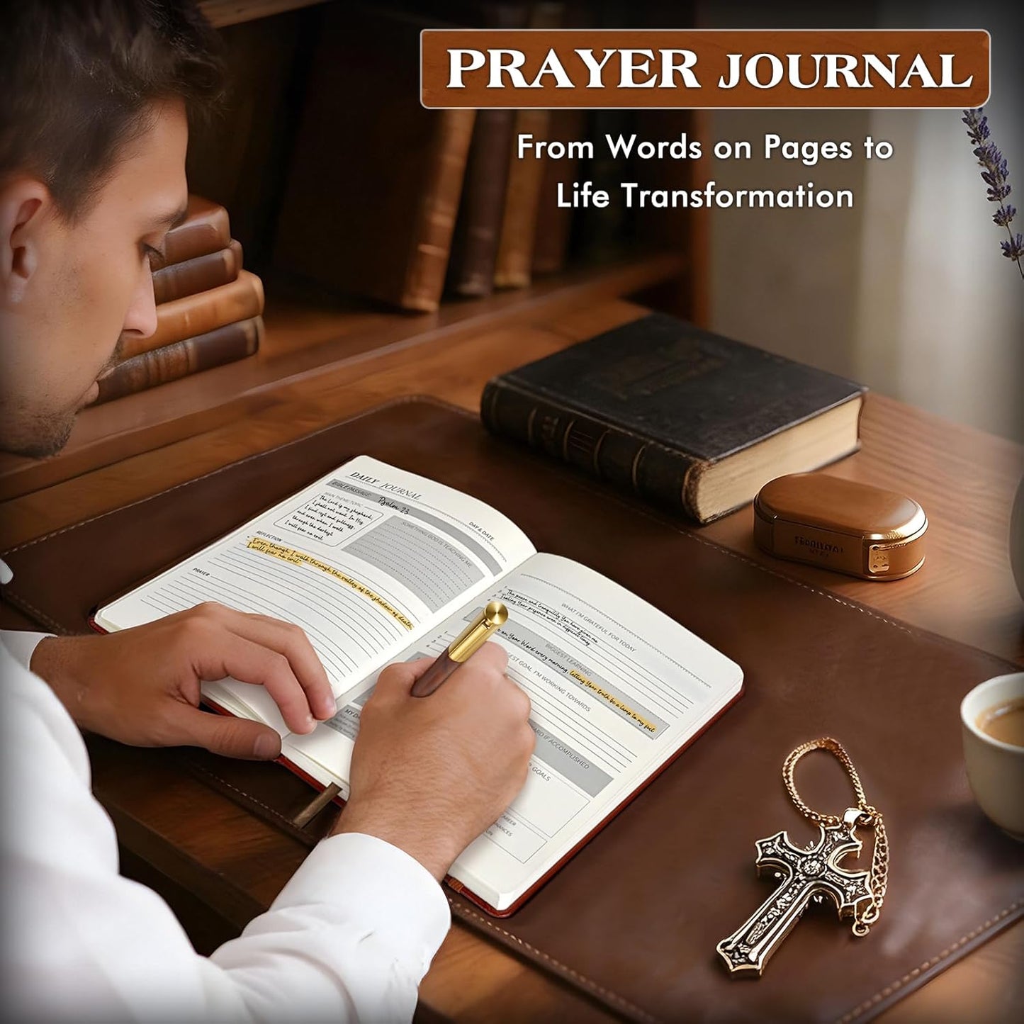 Leather Christian Bible Journal for Men Women, Undated Prayer Journal for Scripture Study & Daily Devotional, Church Notes Notebook, Jesus Religious Faith Gifts for Pastor, Graduation, Baptism (Cross)
