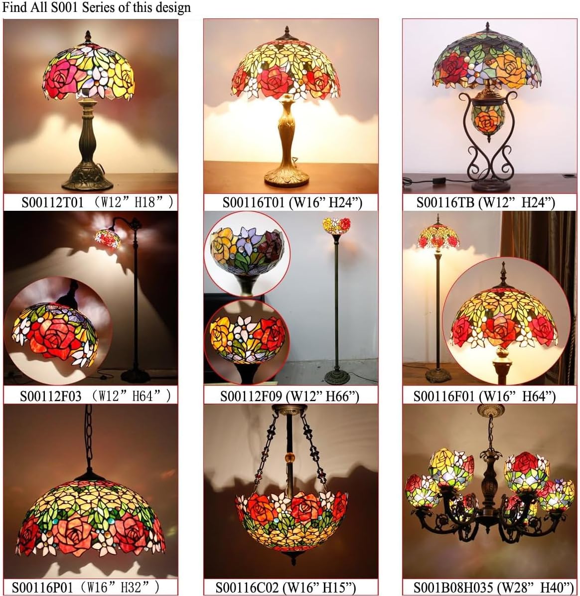 WERFACTORY Tiffany Floor Lamp Red Rose Flower Stained Glass Arched Lamp 10X18X64 Inches Gooseneck Adjustable Corner Standing Reading Light Decor Bedroom Living Room S001 Series
