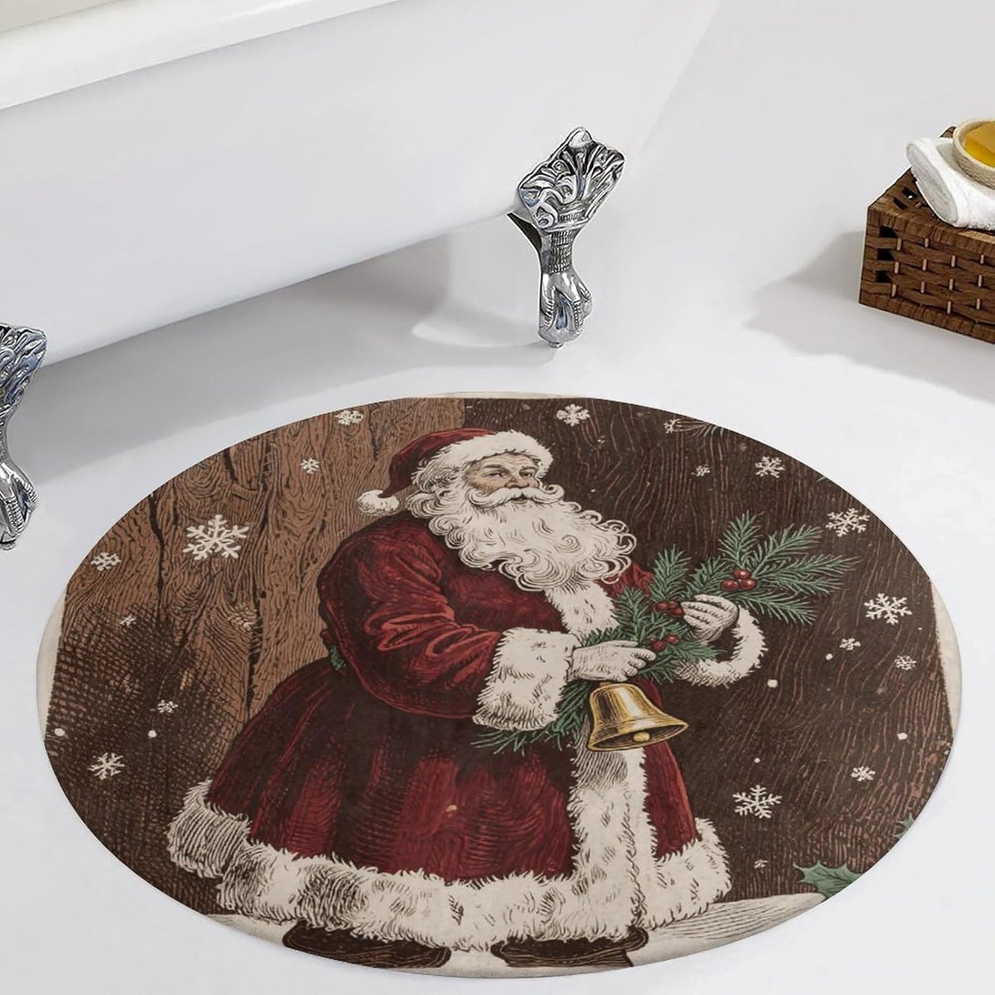 Coral Velvet Round Area Rug 2' Non-Slip TPR Backing Carpet 0.2 Inch Low Pile Christmas Santa Claus Door Mat Washable Decorative Floor Rug for Bathroom Kitchen Entryway Home Decor