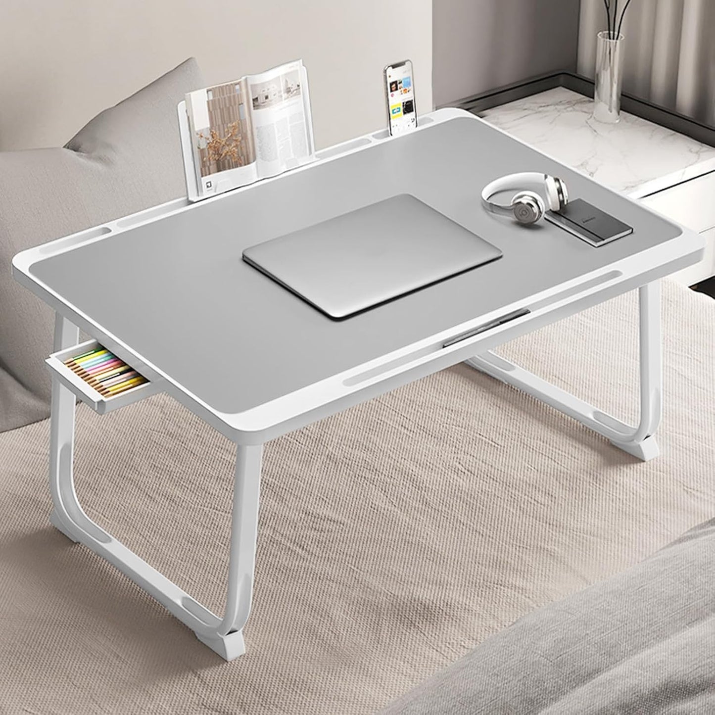 Laptop Desk for Bed, Laptop Bed Tray Table, Foldable Lap Tablet Table with Storage Drawer and Bookstand, Lap Desks Bed Trays for Sofa Couch Floor (Grey)