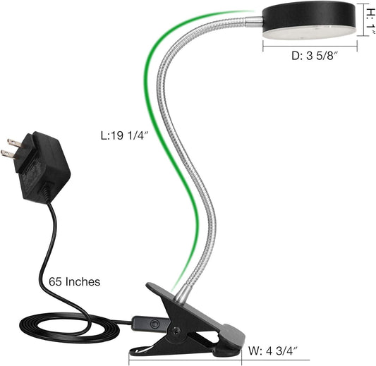 Clip-On LED Desk Lamp with Switch, 19.25” Flexible Gooseneck, 4.5W 260LM 4000K Cool White Clamp Desktop Light, 65” Cord Small Desk Light for Home, Office, Study, ETL Listed