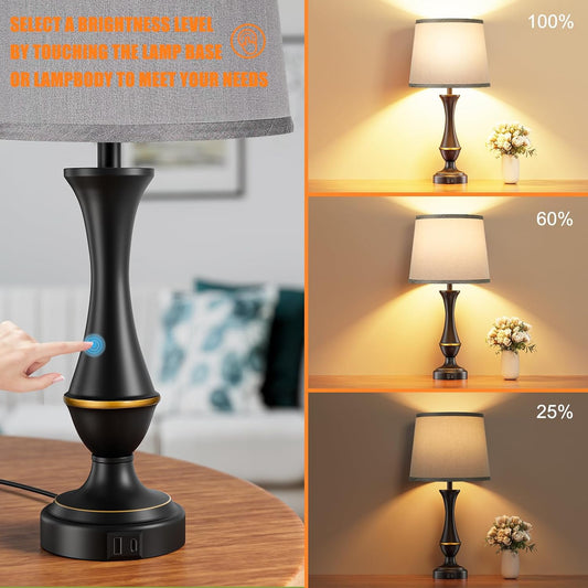 Seealle Upgraded Touch Lamps for Bedrooms Set of 2 - Nightstand Table Lamp with USB C+A, 3 Way Dimmable Lamps for Living Room(Grey)