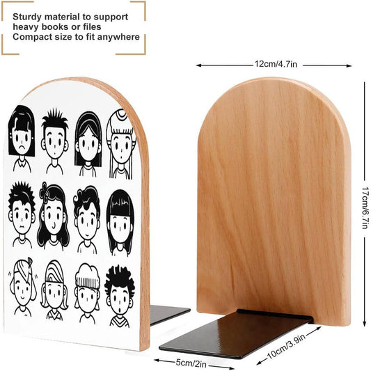 Various Faces Bookend for Shelves Wooden Book End Large Size Sturdy Book Holders Stoppers with Metal Base for Bookshelves Slick Decorative Bookends Stands