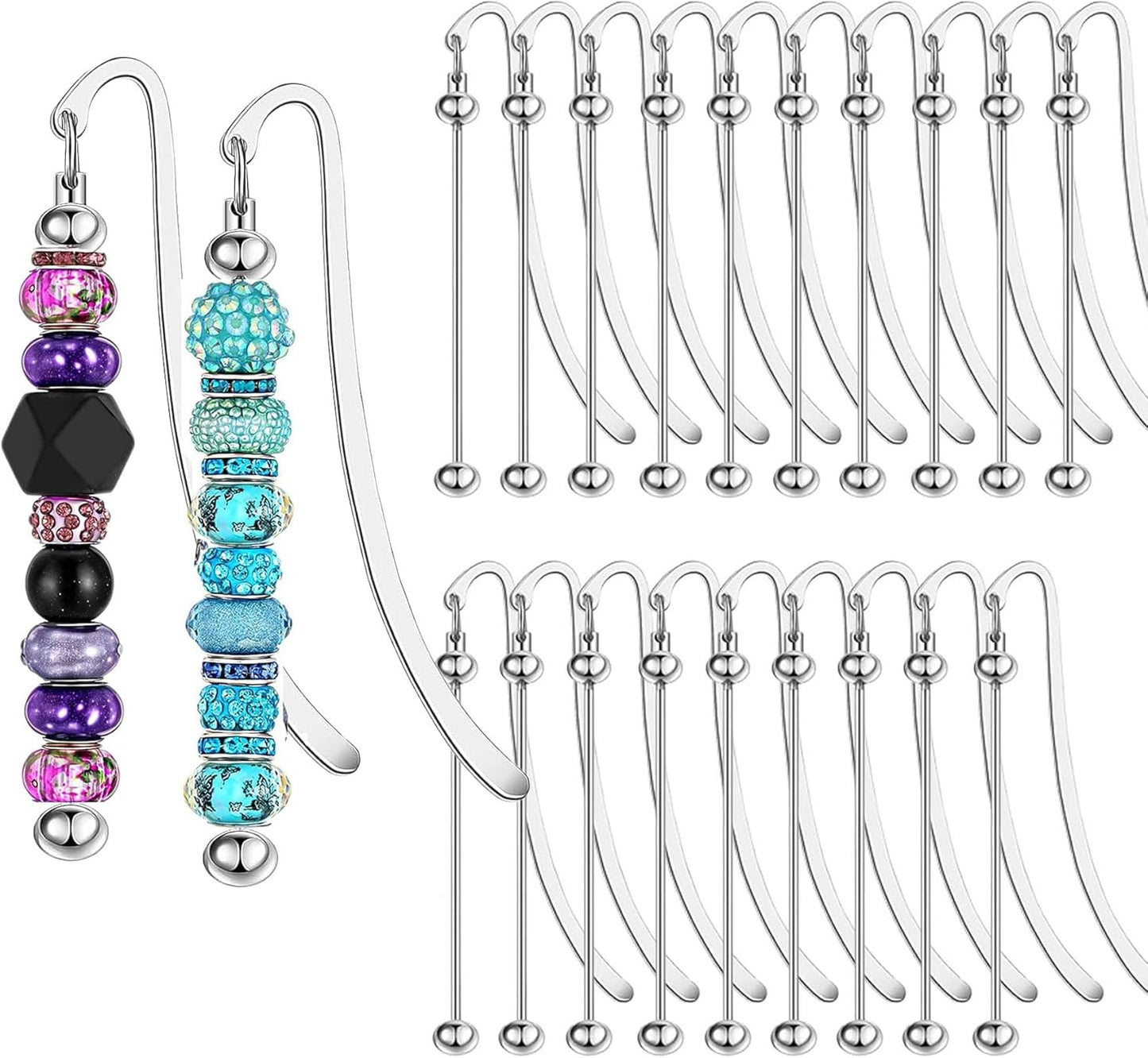 20 Packs Beadable Bookmarks with Blank Bar Bulk Metal DIY Bookmark for Beads Jewelry Pendants Charms Beading Marks Craft Book Lovers Office Supplies Silver