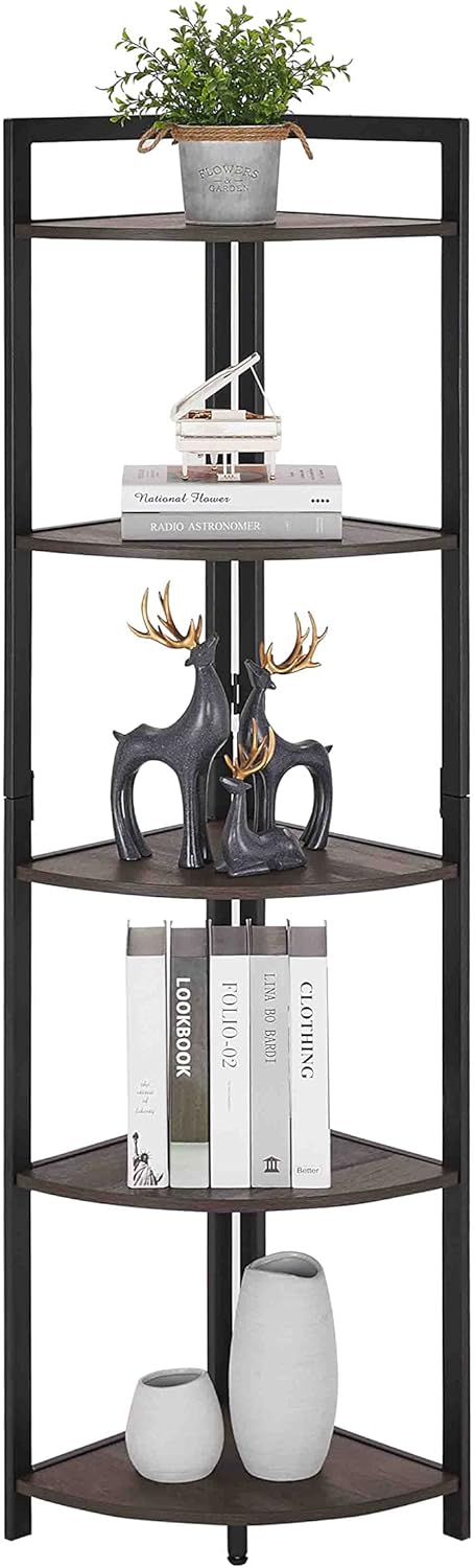 FATORRI Rustic Tall Corner Shelf, 5 Tier Industrial Corner Bookshelf for Living Room, Dark Wood and Metal Corner Plant Stand for Home Office (Walnut Brown)