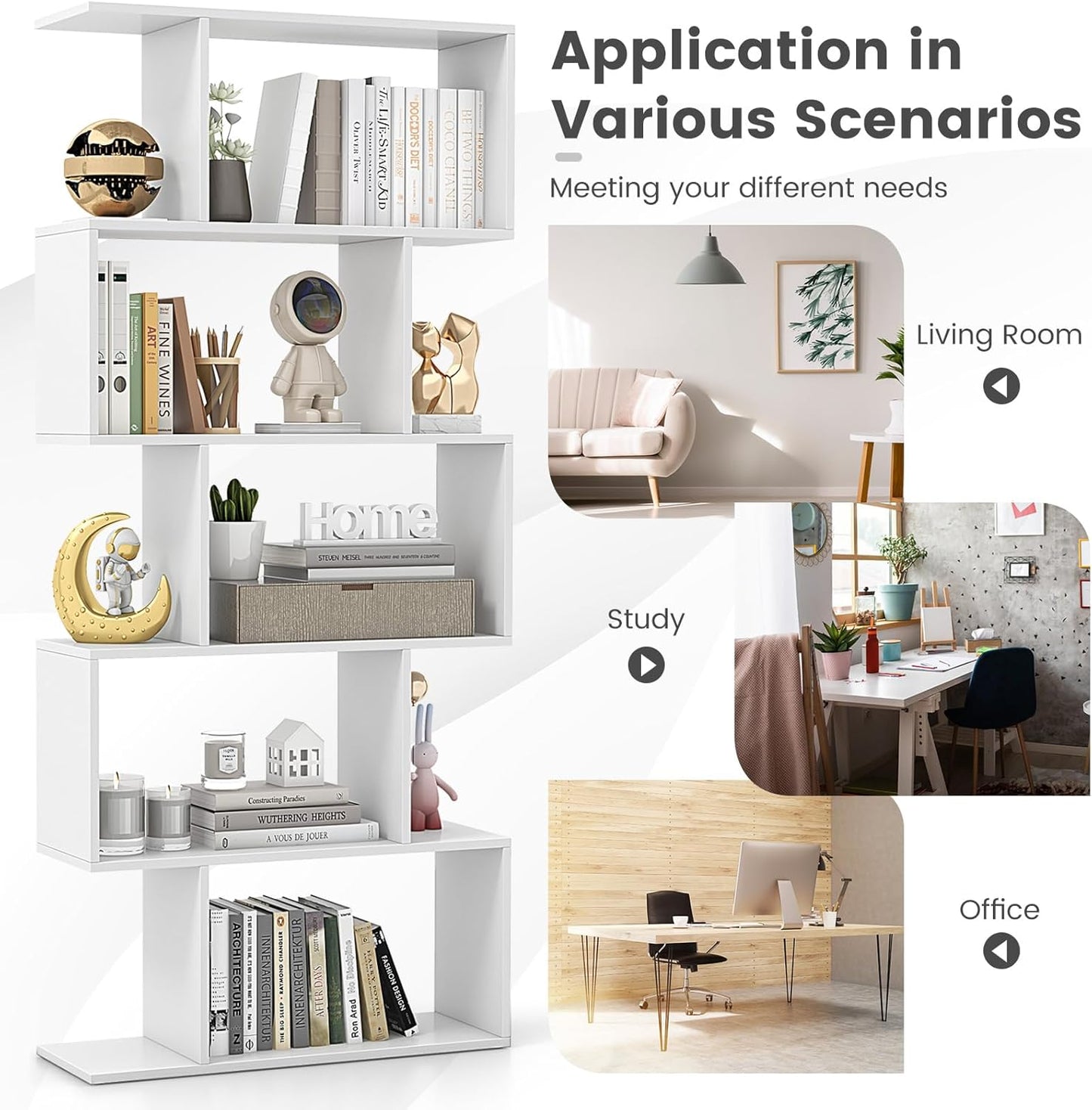 LOKO 5-Tier Bookshelf, S-Shaped Book Case with Anti-Toppling Device, Freestanding Home Organizer Room Divider Display Shelf, Open Storage Rack for Bedroom, Study (1, White)