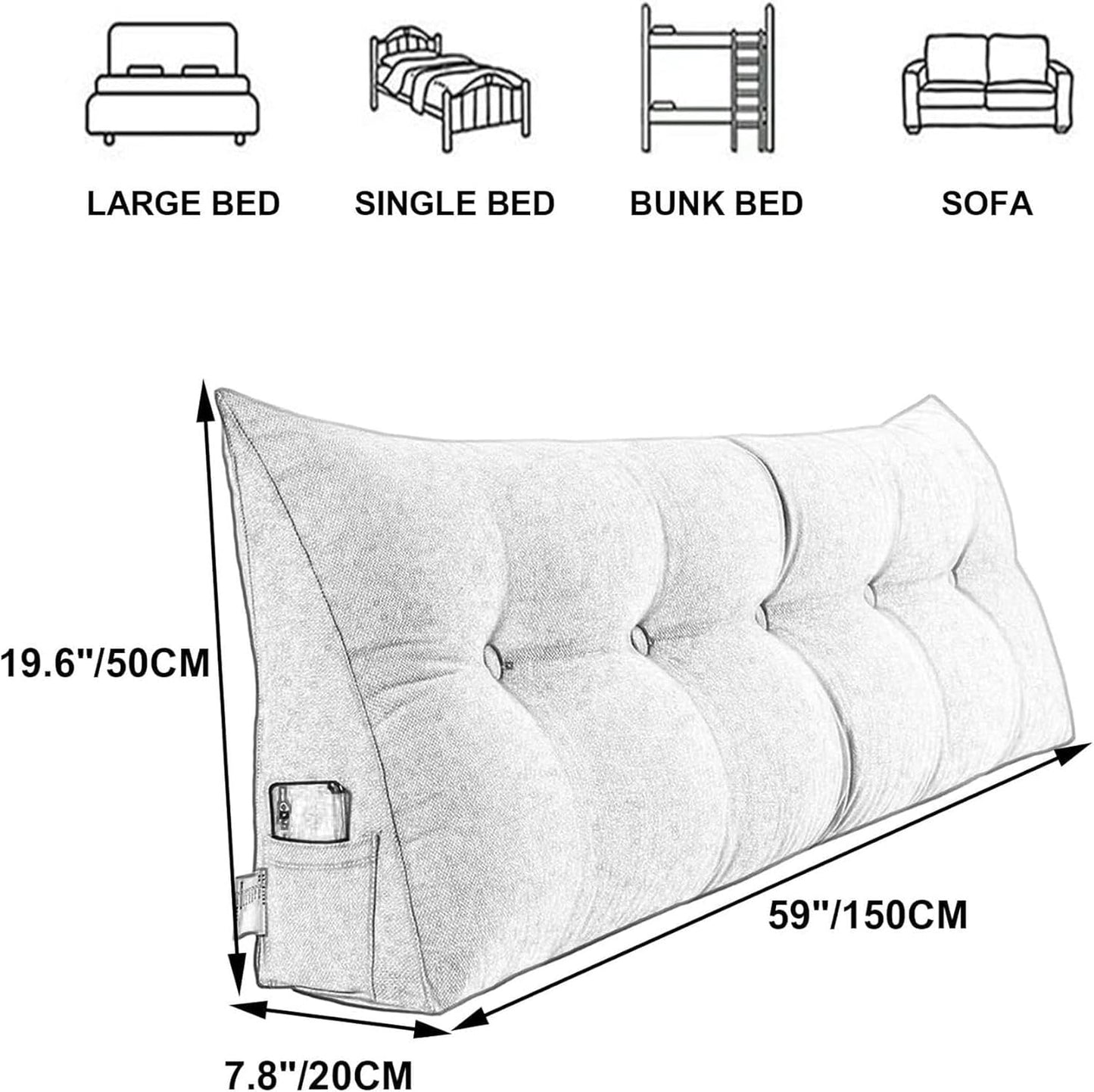 AMNOOL Triangular Reading Bed Rest Pillow Large Bolster Cushion Headboard Backrest Wedge Pillow Adult Shoulder Lumbar Support for Dorm Room Daybed Full Size, Queen(59Inch)
