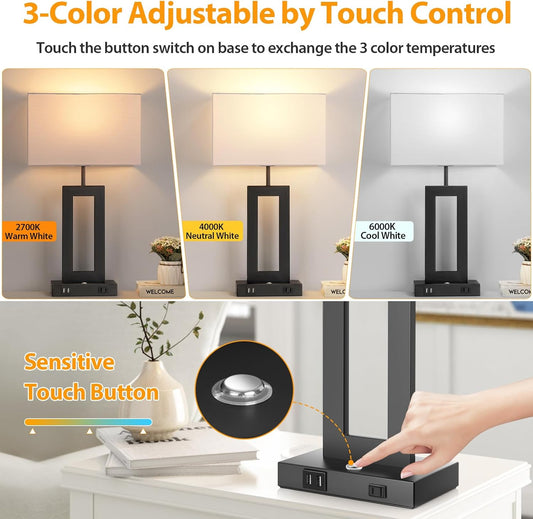 3 Color Temperatures Table Lamps for Bedrooms Set of 2, 22’’ Touch Control Bedside Nightstand Lamps with 2 USB Ports & AC Outlet, Stepless Dimmable Lamps with White Shade, Modern Decor for Living Room