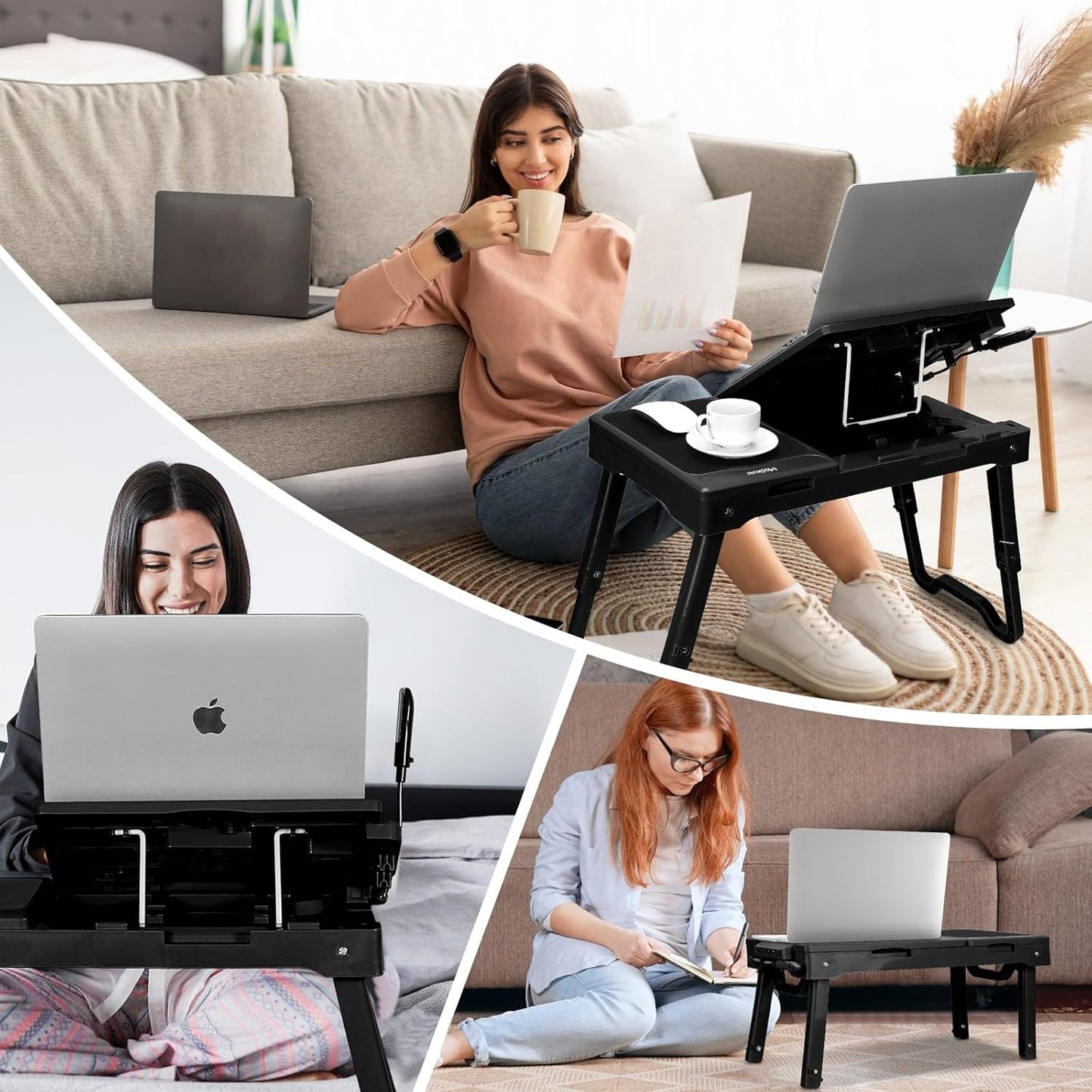 Foldable Laptop Table, Portable Bed Notebook Desk, Height Adjustable Laptop Stand with Cooling Fan LED Light 4 x USB Ports Breakfast Tray Storage Groove for Home Office Use (Black)