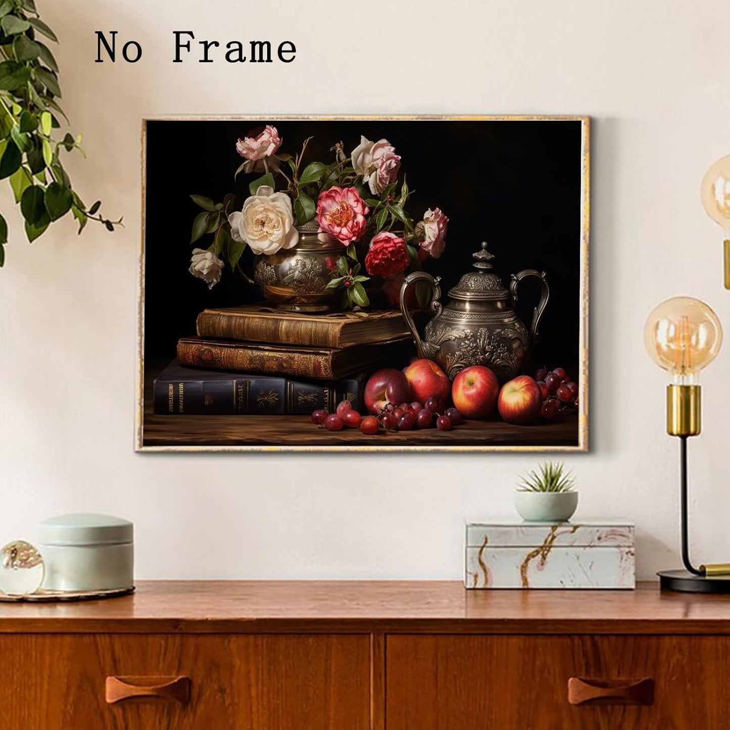 Moody Flower Books Canvas Wall Art Still Life Fruit Painting Victorian Floral Canvas Art Academia Poster Books Still Life Pictures Prints Vintage Dark Floral Picture 24x16 Inch Frameless