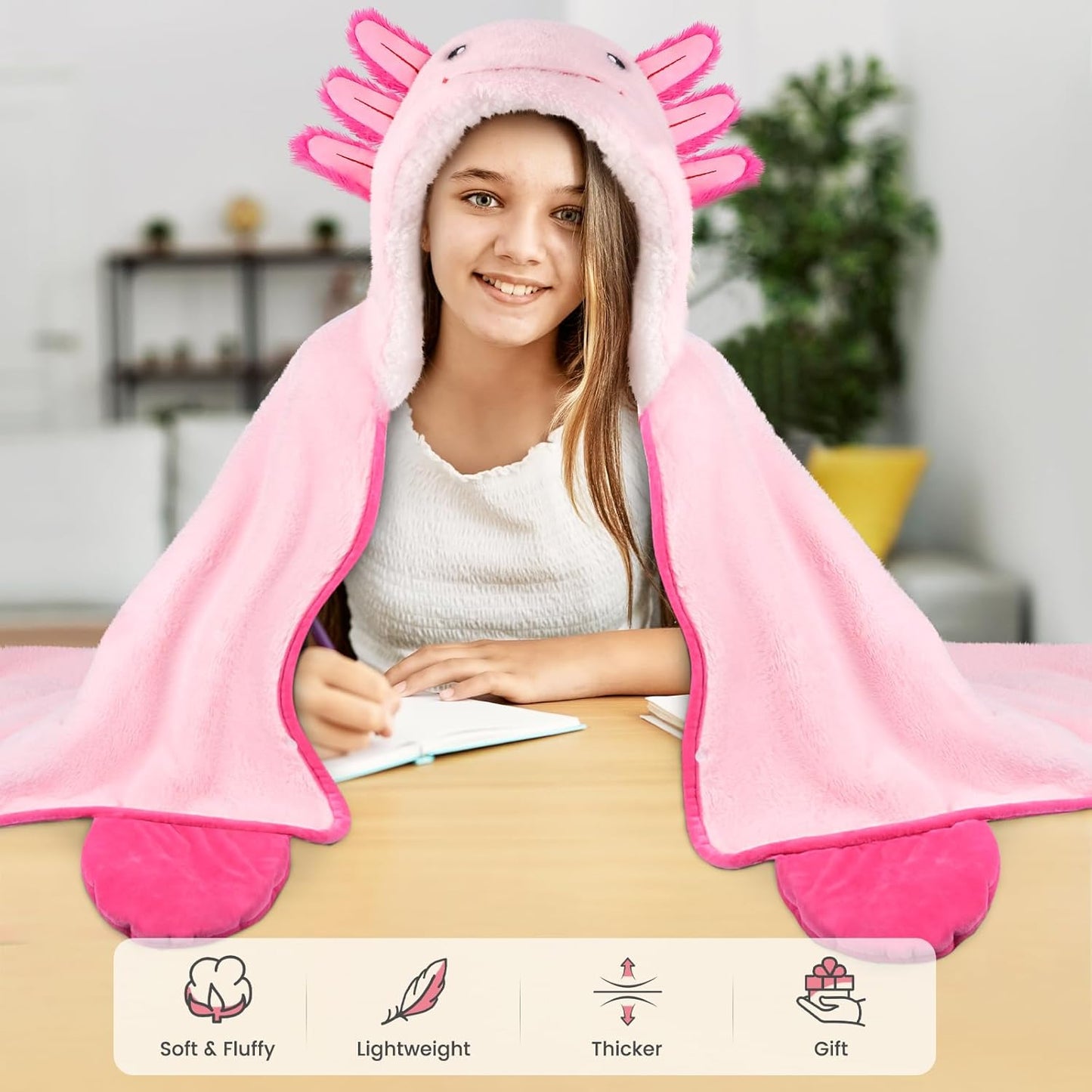 Axolotl Wearable Blanket Hoodie for Women & Kids, Premium Soft Thick Plush & Sherpa Fleece for Ultra Warmth, Pink Throw Wrap With Giant Hood, Easy Movement, Axolotl Gifts for Girls Adults, Oversized