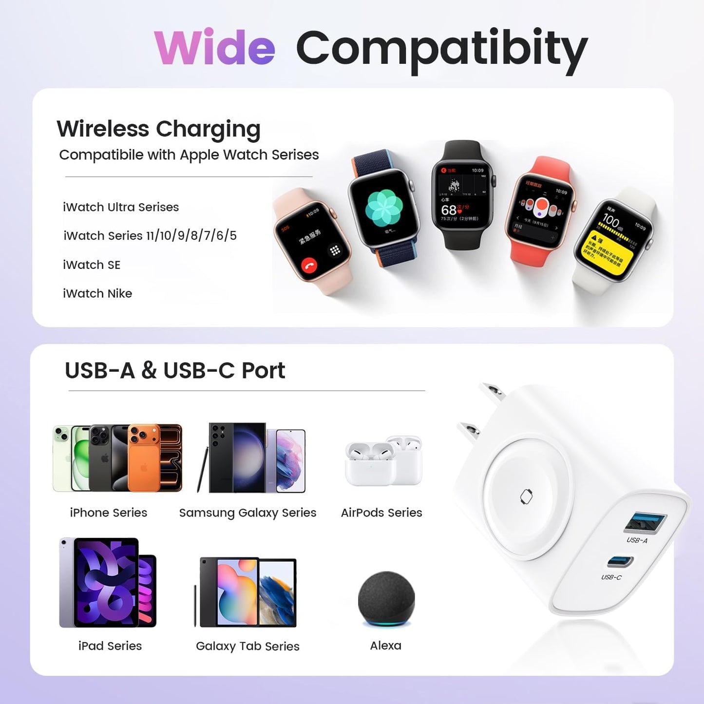 3-in-1 PD USB C Wall Charger Block, 20W Fast Charging Block, Charger for Apple Watch Series 11/10/9/8/7/6, for iWatch Ultra, Compatible with iPhone 16/16 Pro/iPhone 15, Black