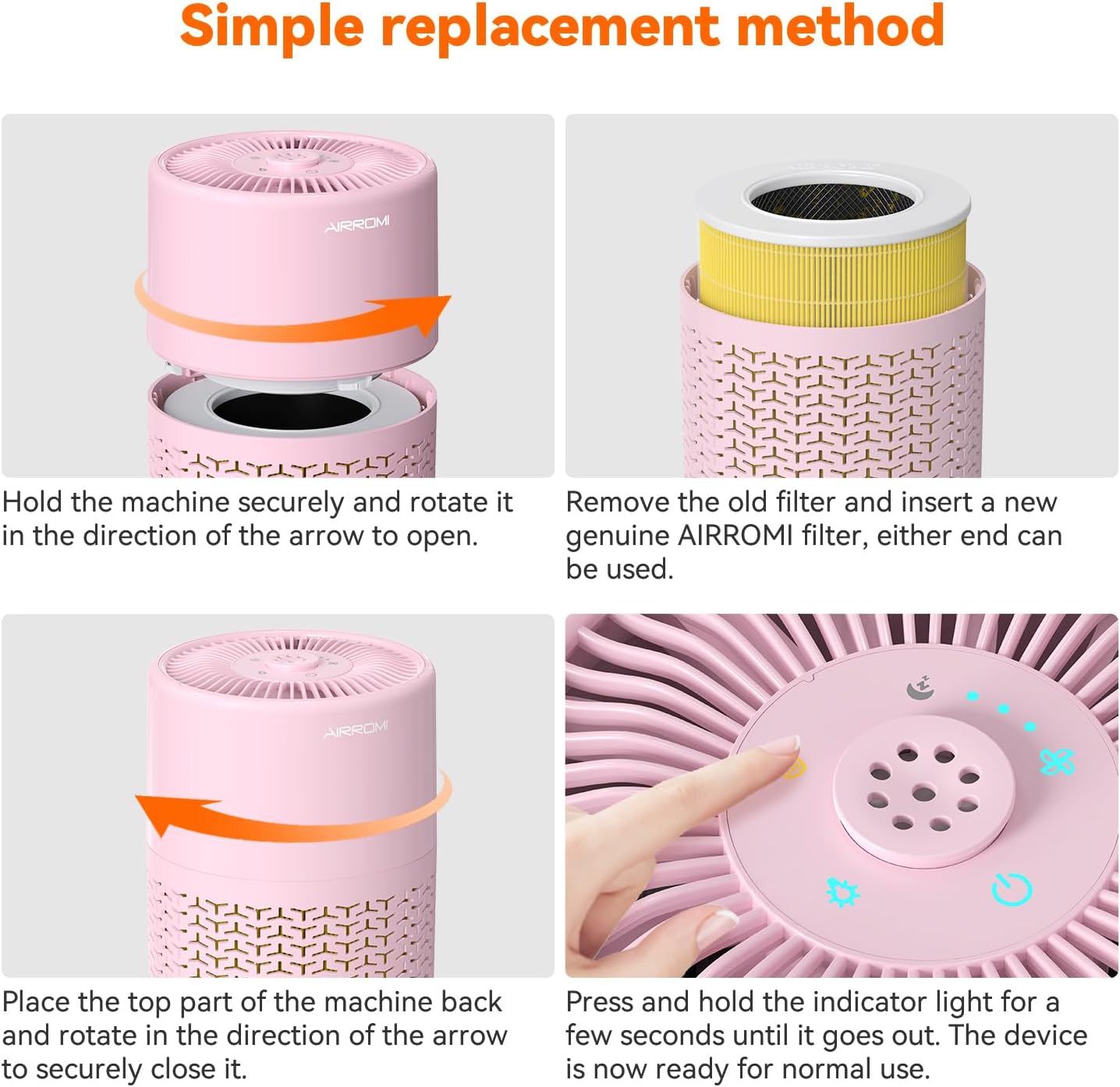 AIRROMI Pets Air Purifier for Home Allergies,Up to 660 ft². HEPA Deodorizing Activated Carbon Filter,With Fragrance Sponge for Better Sleep,Night Light,Pet Dander,Smoke,Odors,Air Cleaner A2002 Pink