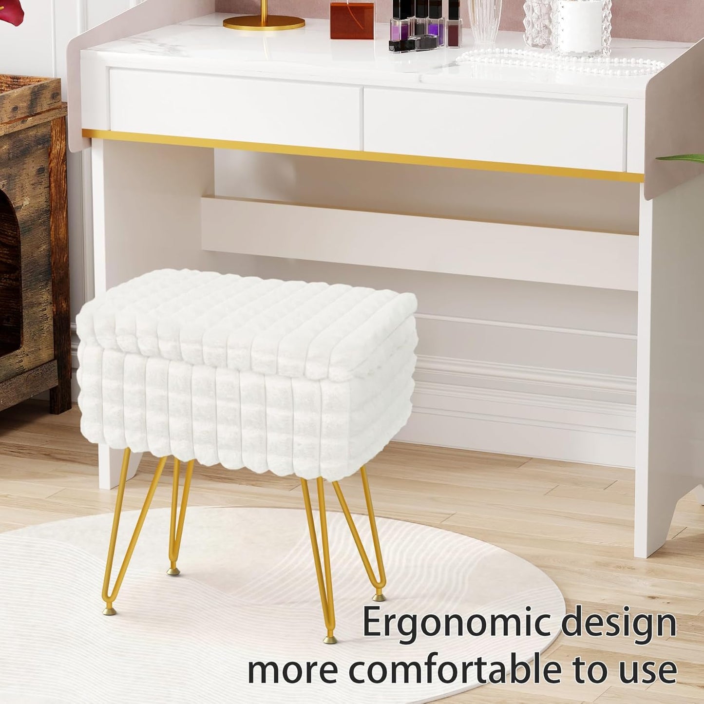 Rectangle Vanity Chair with Storage, Faux Fur Vanity Stool with Anti-Slip Adjustable Feet, Fur Footstool Ottoman for Makeup, Bedroom, Square Grid Pattern, White