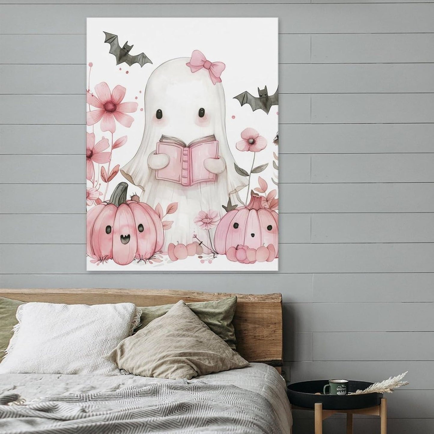 HouLaiZhe Halloween Poster Ghost Reading Pumpkin Canvas Wall Art Prints Halloween Decorations Room Aesthetic Gothic Wall Decor for Living Room Bedroom 18x24inch(45x60cm)