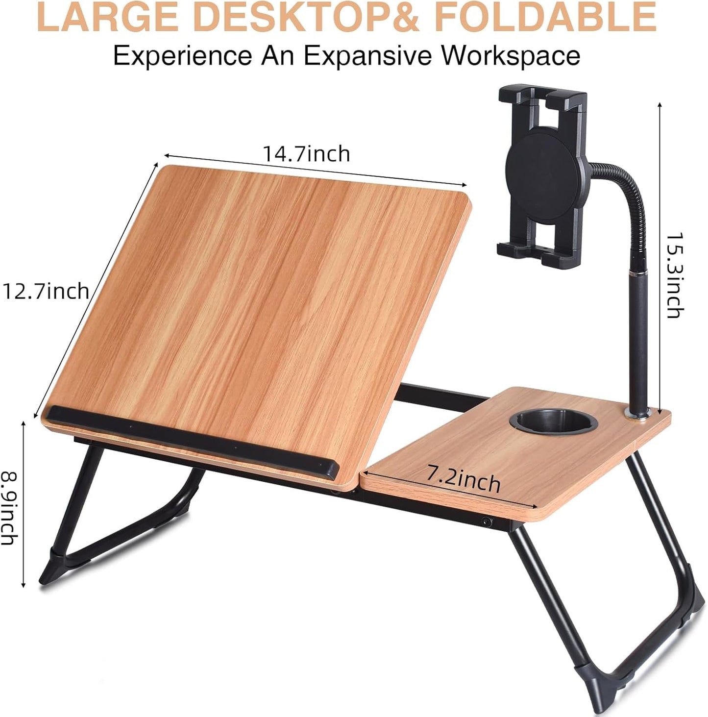 wishacc Lap Desk for Bed, Laptop Desk with Adjustable Tablet Stand, Sturdy Metal Frame Bed Desk, Foldable Laptop Bed Tray Table for Adults Couch Sofa, Portable Lap Desk for Laptop & Phone Slot