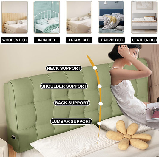 Gray Headboard Pillow with Straps - 63x23x4in, Upholstered Lumbar Support Cushion for Double Bed, Full Size Backrest, Removable Cover for Dorm, Hotel, Daybed. (Green Straps/61x23x4