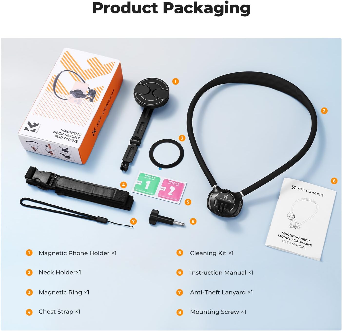 K&F CONCEPT Neck Phone Holder, 2-in-1 Magnetic & Clip-on Phone Neck Holder, POV Phone Holder, Hand Free Chest Stand Compatible with iPhone 17-12 Seires Android Phones