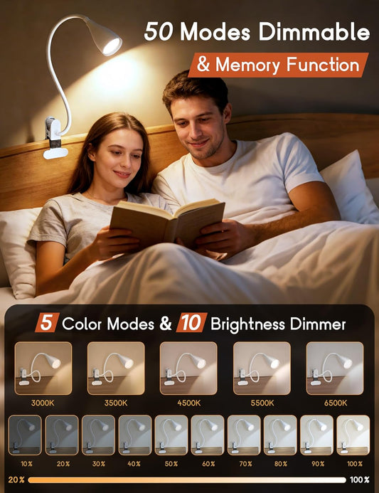 Reading Light for Book in Bed, Clip on Light Reading Lamp with Adapter, 5 Color Modes 10 Brightness, 360° Flexible Eye-Caring Clip on Desk Lamp Book Light for Reading in Bed Headboard Bedside Bedroom