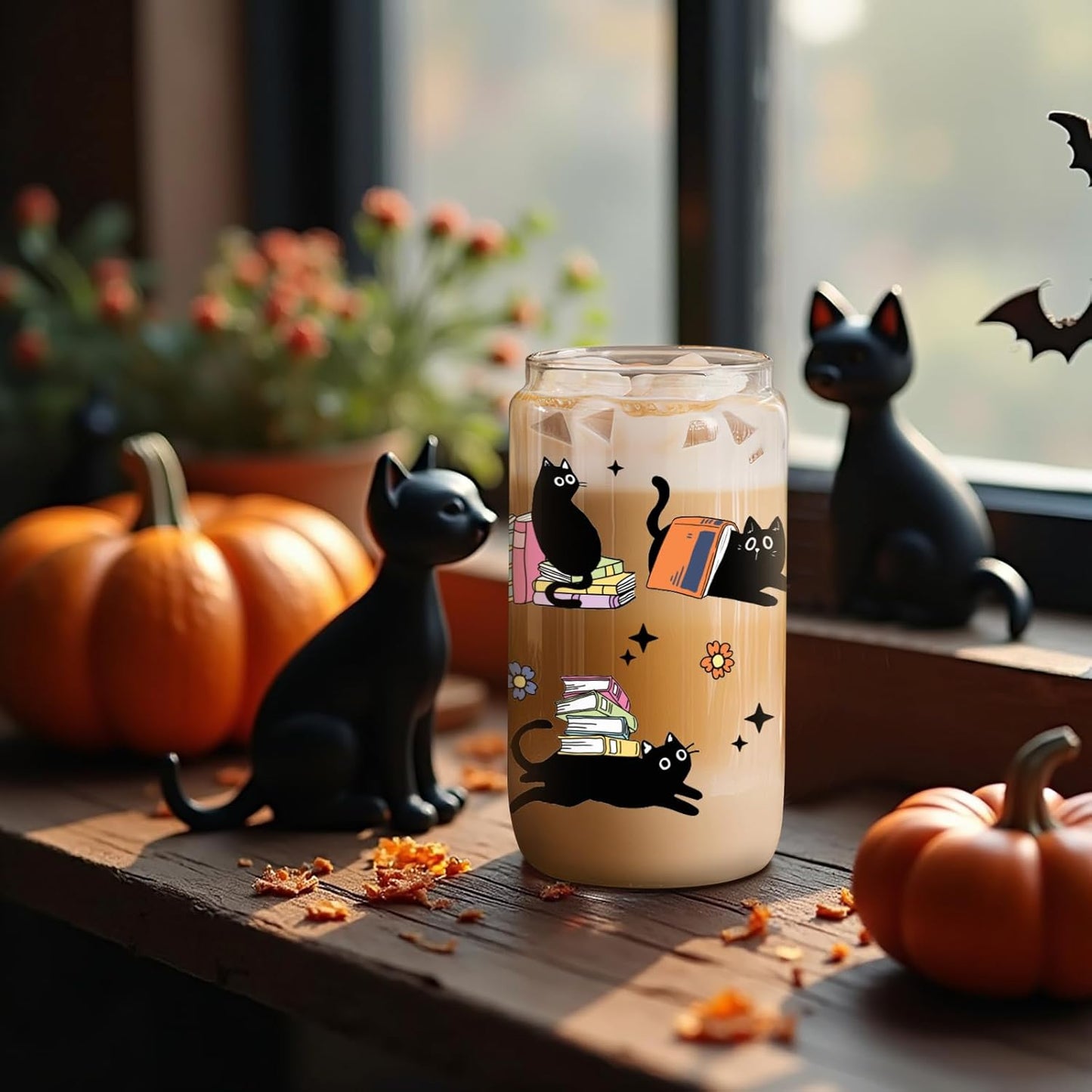 GSPY Black Cat Glass Cup, Funny Gifts for Cat Lovers & Book Lovers, Cute 16 oz Cat Themed Iced Coffee Cups - Bookish, Reader Tumbler Mug - Mothers Day, Birthday, Book, Reading Gifts for Women, Men