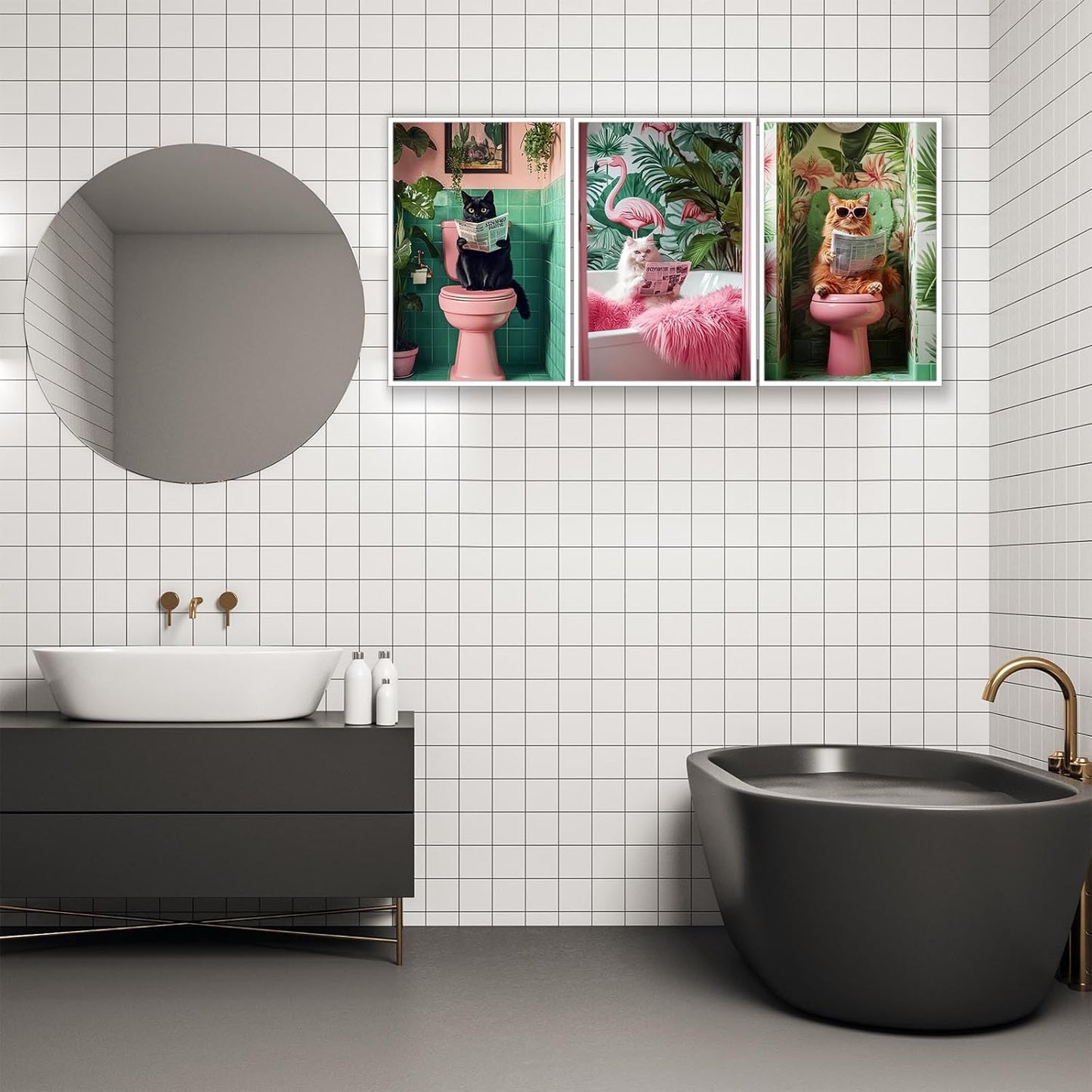 Funny Black Cat Orange Cat Toilet Art Bathroom Tropical Print White Print Reading Posters Animal Canvas Wall Art For Toilet Room Decor Aesthetics Set of 3 12X16 in Unframed