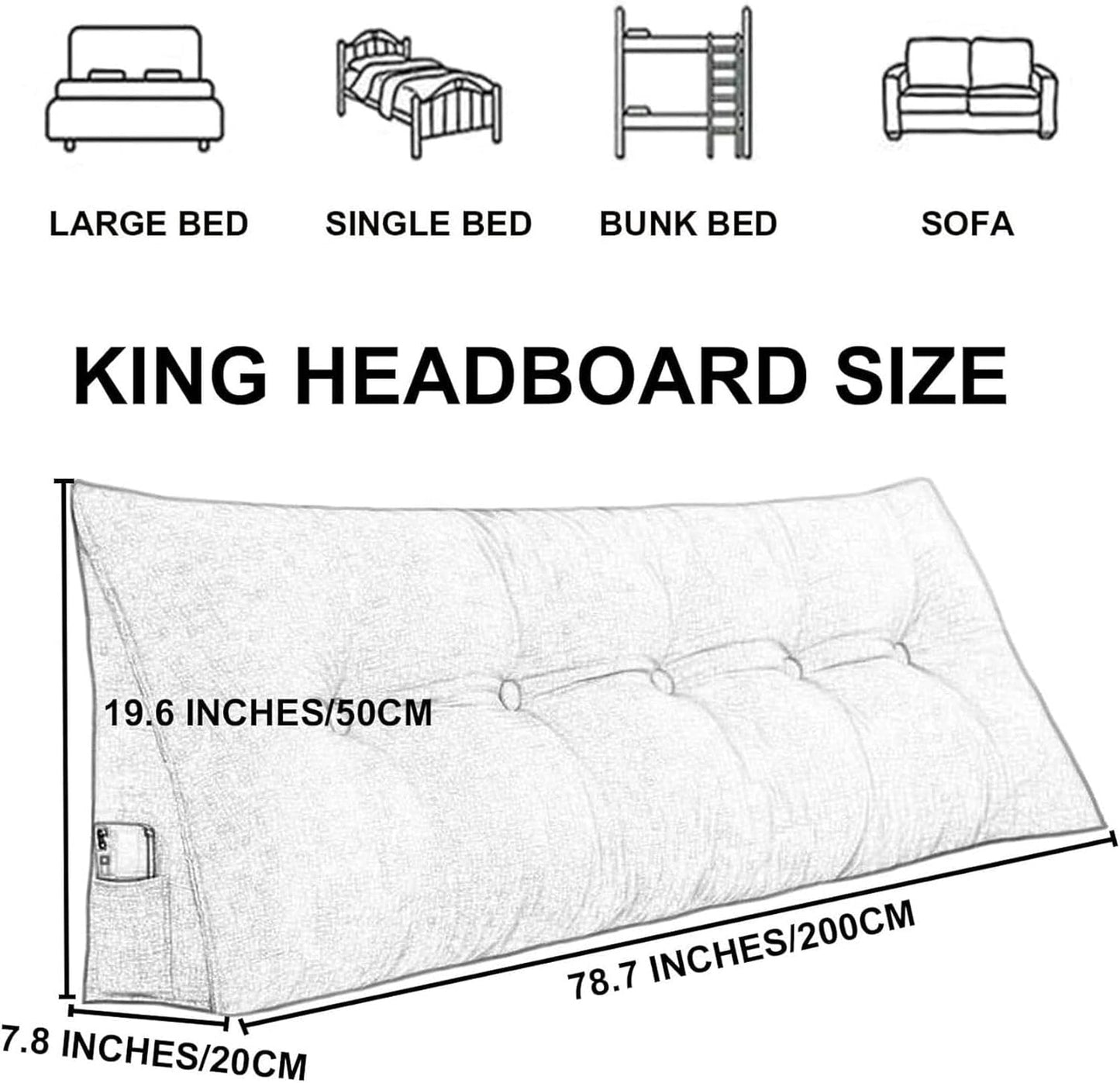 Linen Wedge Headboard Pillow,Large Bolster Triangular Headboard Reading Pillow,Solid Color Positioning Bed Rest Cushion Daybed Backrest with Removable Cover, White