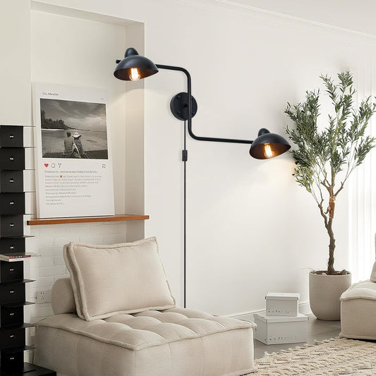 Adjustable Black Swing Arm Wall Sconce, 2-Light Plug in Wall Lamps with ON/Off, Rotatable Metal Dome Shades Wall Mount Lighting Fixture for Living Room Bedroom Study