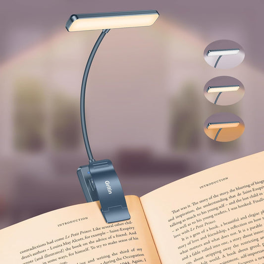 Gritin 19 LED Rechargeable Book Light for Reading in Bed with Memory Function- Eye Caring 3 Color Temperatures,Stepless Dimming Brightness,90 Hrs Runtime Clip on Light for Book Lovers-Pacific Blue