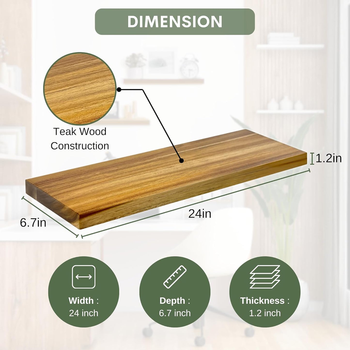 Teak Wood Floating Shelves Perfect for Bathroom Décor Pack of 2 Wooden Wall Shelves for Bedroom Living Room Kitchen Simple Minimalist Home Décor 17” x 6.7